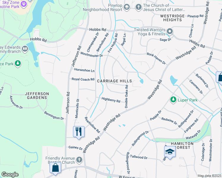map of restaurants, bars, coffee shops, grocery stores, and more near 1512 Fox Hollow Road in Greensboro