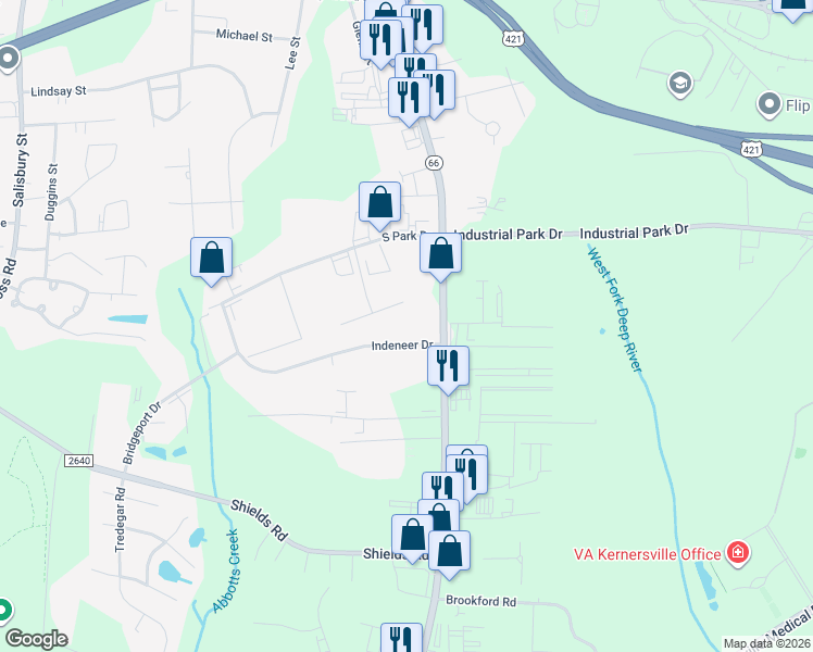map of restaurants, bars, coffee shops, grocery stores, and more near 765 Indeneer Drive in Kernersville