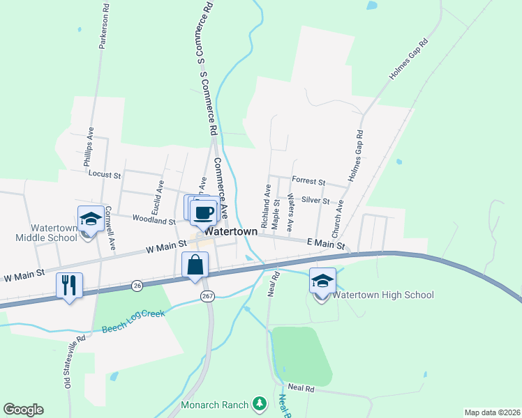 map of restaurants, bars, coffee shops, grocery stores, and more near 138 Richland Avenue in Watertown