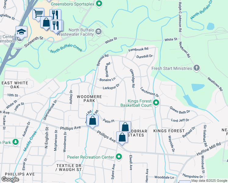 map of restaurants, bars, coffee shops, grocery stores, and more near 2401 Larkspur Drive in Greensboro
