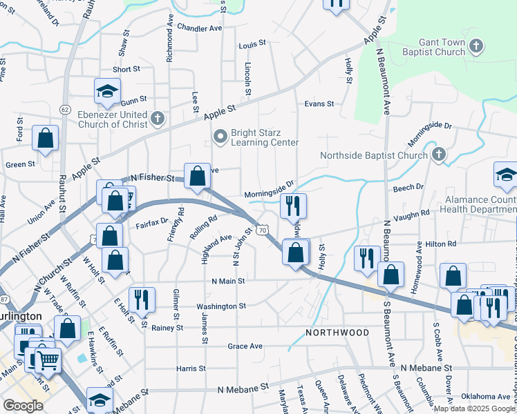map of restaurants, bars, coffee shops, grocery stores, and more near 403 Courtland Terrace in Burlington
