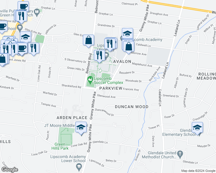 map of restaurants, bars, coffee shops, grocery stores, and more near 4204 Granny White Pike in Nashville