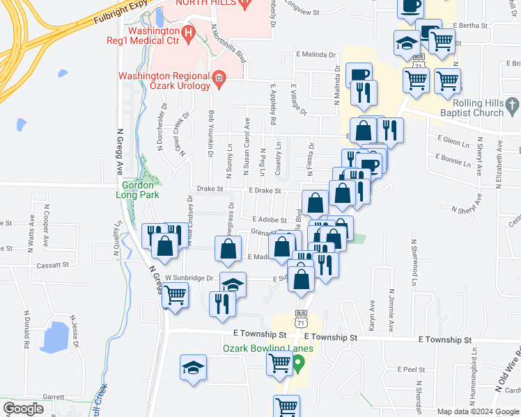 map of restaurants, bars, coffee shops, grocery stores, and more near 2728 North Arroyo Avenue in Fayetteville