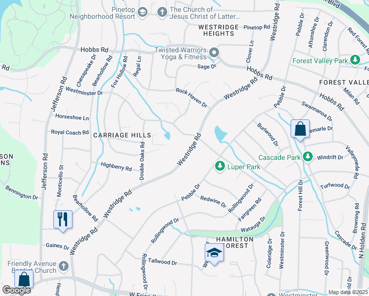 map of restaurants, bars, coffee shops, grocery stores, and more near 1127 Westridge Road in Greensboro