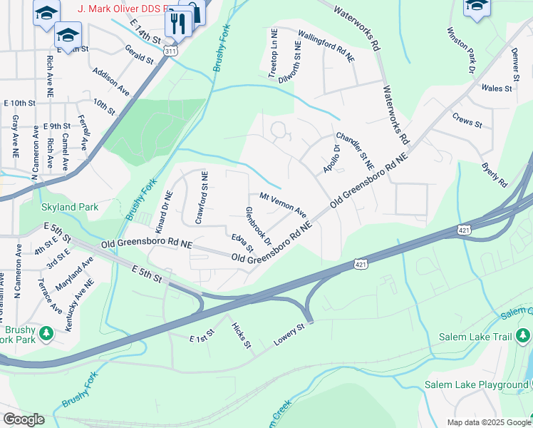 map of restaurants, bars, coffee shops, grocery stores, and more near 616 Mount Vernon Avenue in Winston-Salem