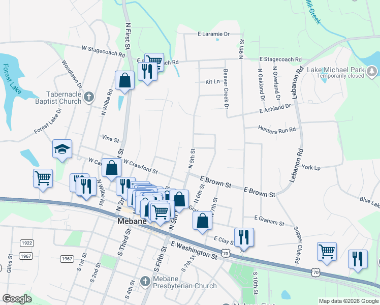 map of restaurants, bars, coffee shops, grocery stores, and more near 600 North 5th Street in Mebane