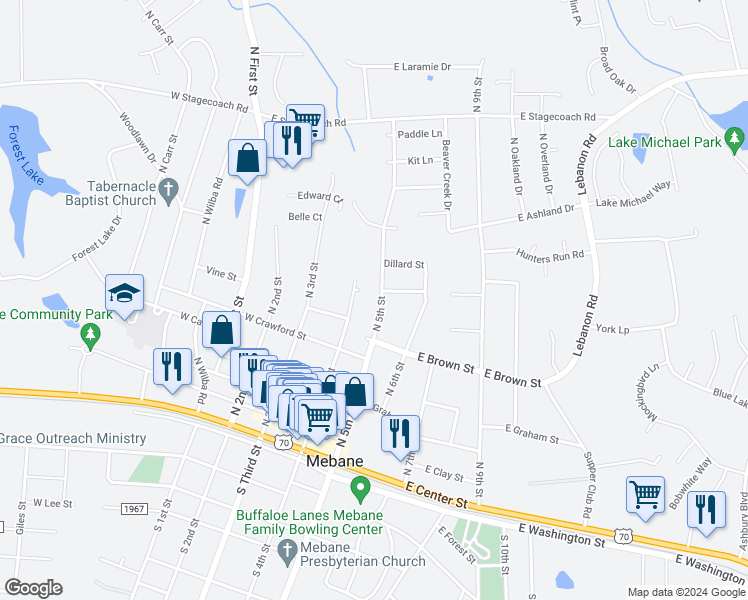 map of restaurants, bars, coffee shops, grocery stores, and more near 513 North 5th Street in Mebane