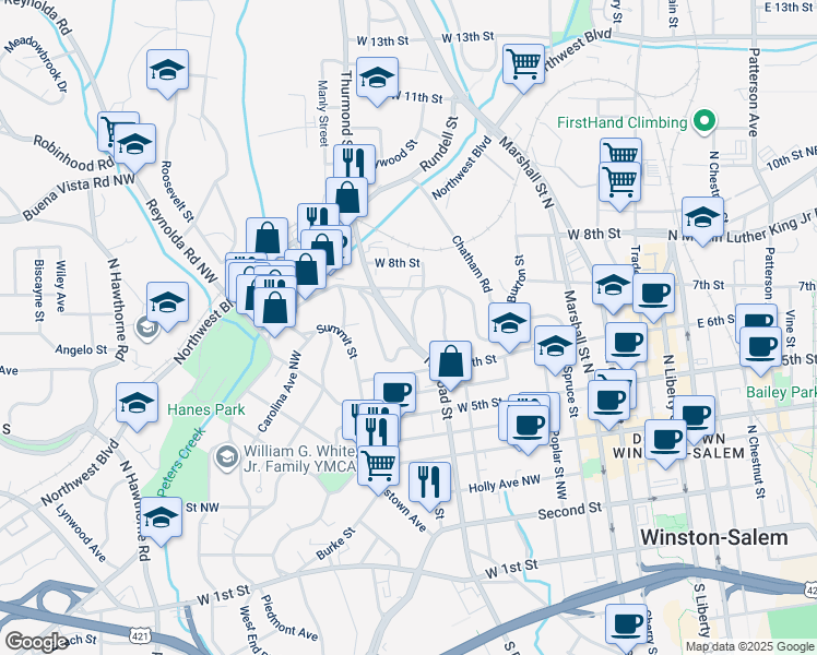 map of restaurants, bars, coffee shops, grocery stores, and more near 235 West End Boulevard in Winston-Salem