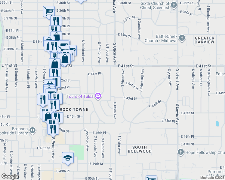 map of restaurants, bars, coffee shops, grocery stores, and more near 4161 South Troost Place in Tulsa