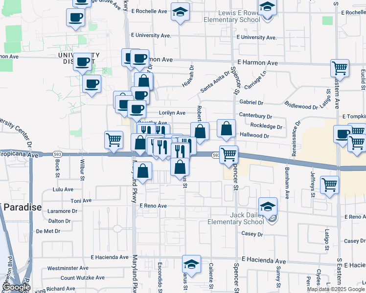 map of restaurants, bars, coffee shops, grocery stores, and more near 1493 Elizabeth Avenue in Las Vegas