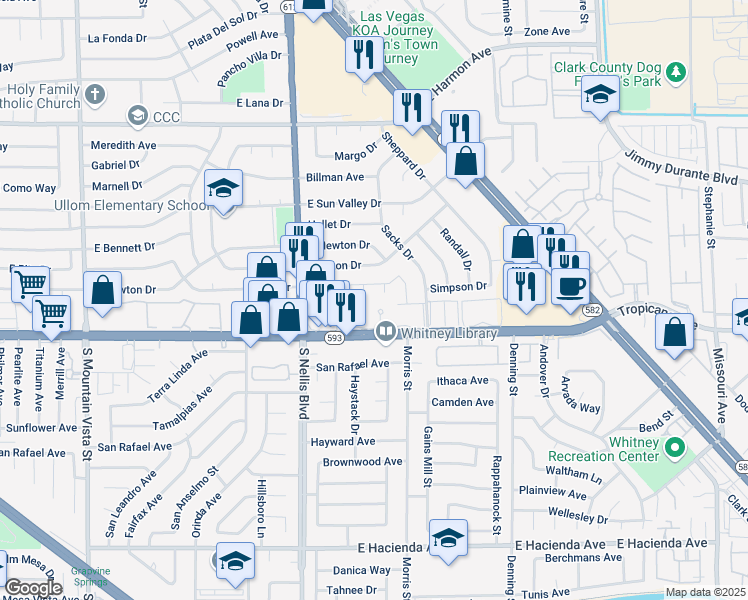 map of restaurants, bars, coffee shops, grocery stores, and more near 5100 East Tropicana Avenue in Las Vegas