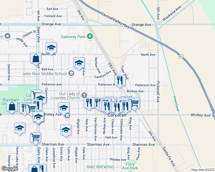 map of restaurants, bars, coffee shops, grocery stores, and more near 731 Norboe Avenue in Corcoran