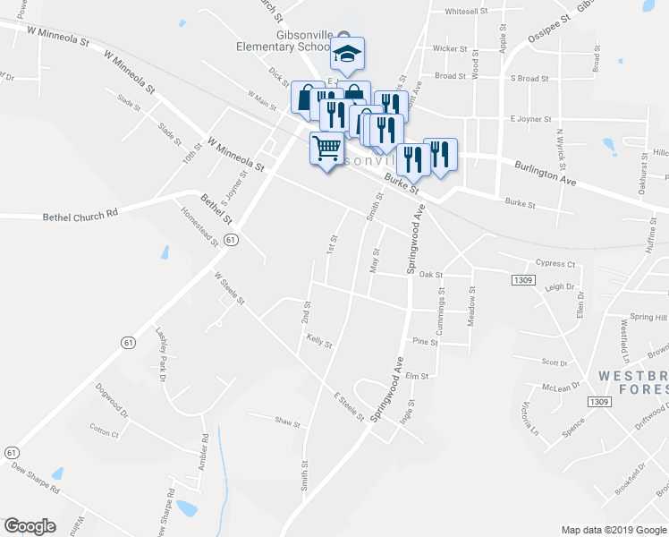 map of restaurants, bars, coffee shops, grocery stores, and more near 503 1st Street in Gibsonville