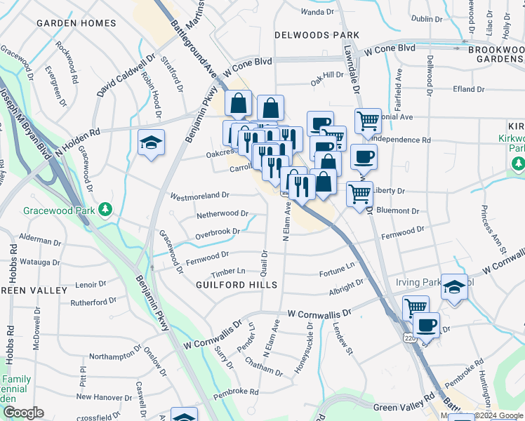 map of restaurants, bars, coffee shops, grocery stores, and more near 1605 Quail Drive in Greensboro