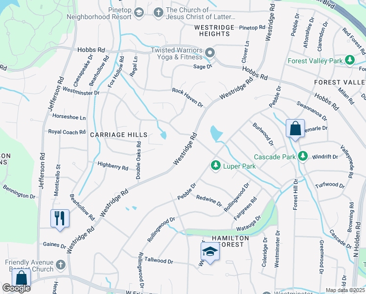 map of restaurants, bars, coffee shops, grocery stores, and more near 1127 Westridge Road in Greensboro