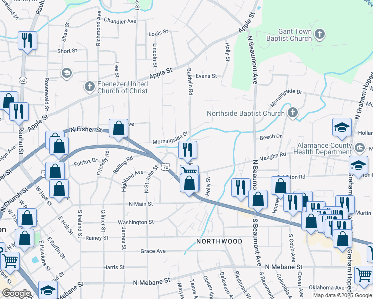 map of restaurants, bars, coffee shops, grocery stores, and more near 1119 Morningside Drive in Burlington