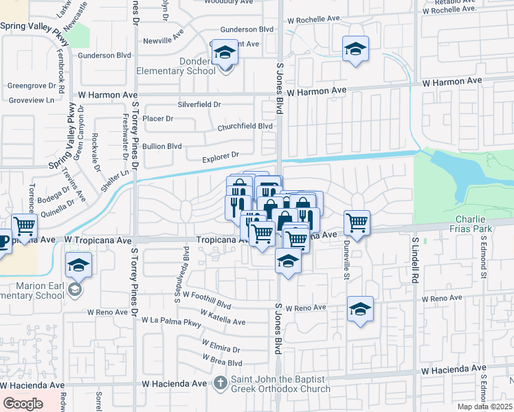 map of restaurants, bars, coffee shops, grocery stores, and more near 6130 West Tropicana Avenue in Las Vegas