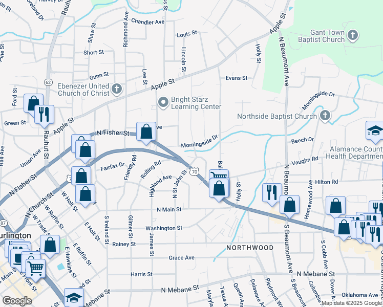 map of restaurants, bars, coffee shops, grocery stores, and more near 403 Courtland Terrace in Burlington