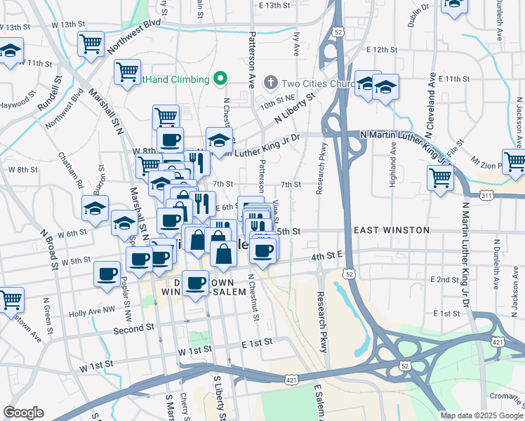 map of restaurants, bars, coffee shops, grocery stores, and more near 575 Patterson Avenue in Winston-Salem