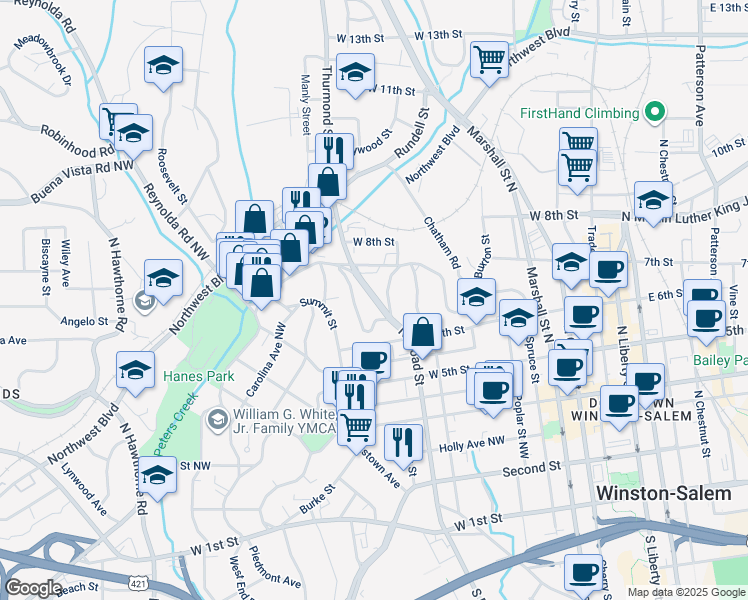 map of restaurants, bars, coffee shops, grocery stores, and more near 708 North Broad Street in Winston-Salem