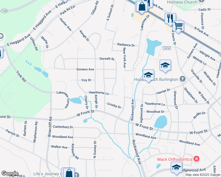 map of restaurants, bars, coffee shops, grocery stores, and more near 1417 McCuiston Drive in Burlington