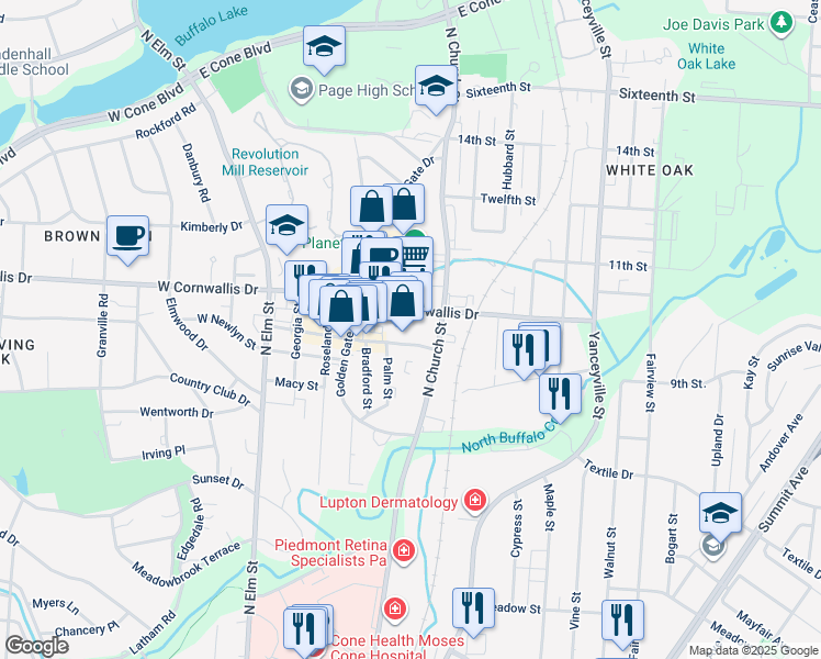 map of restaurants, bars, coffee shops, grocery stores, and more near 504 East Cornwallis Drive in Greensboro
