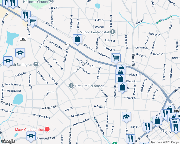 map of restaurants, bars, coffee shops, grocery stores, and more near 1119 Plaid Street in Burlington