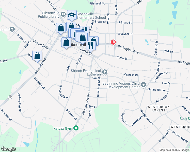 map of restaurants, bars, coffee shops, grocery stores, and more near 301 Oak Street in Gibsonville