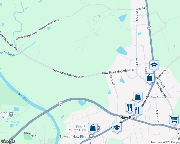 map of restaurants, bars, coffee shops, grocery stores, and more near 2422 Haw River Hopedale Road in Burlington