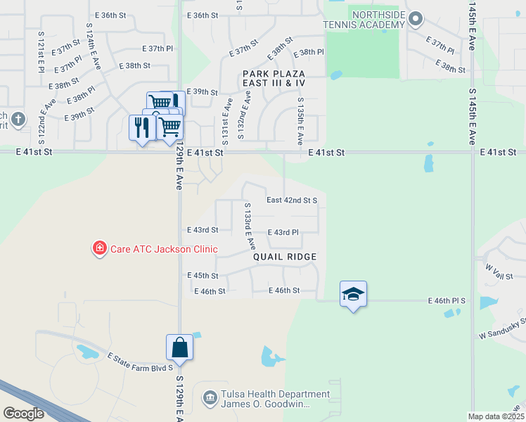 map of restaurants, bars, coffee shops, grocery stores, and more near 13310 East 42nd Street South in Tulsa