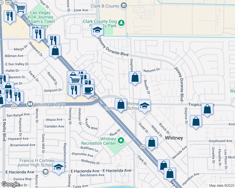 map of restaurants, bars, coffee shops, grocery stores, and more near 5710 East Tropicana Avenue in Las Vegas