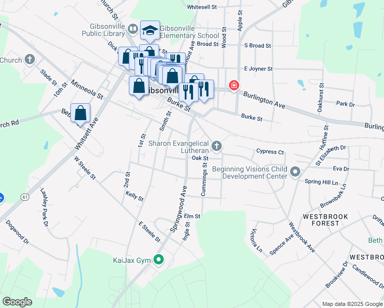 map of restaurants, bars, coffee shops, grocery stores, and more near 301 Oak Street in Gibsonville