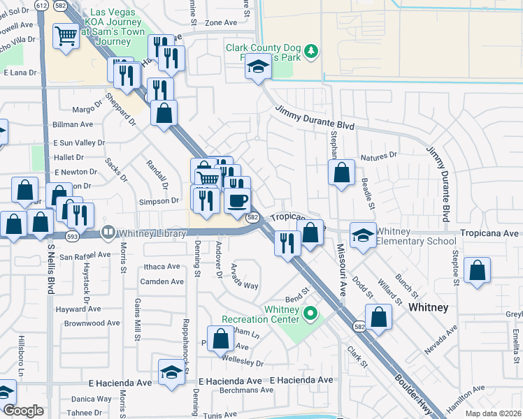 map of restaurants, bars, coffee shops, grocery stores, and more near 4855 Double Down Drive in Las Vegas