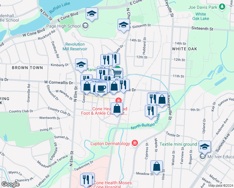 map of restaurants, bars, coffee shops, grocery stores, and more near 504 East Cornwallis Drive in Greensboro