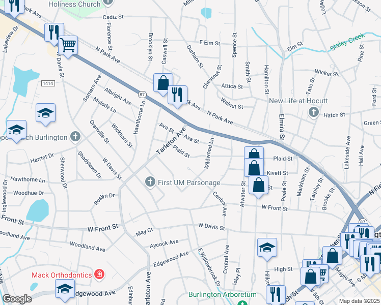 map of restaurants, bars, coffee shops, grocery stores, and more near 1119 Plaid Street in Burlington