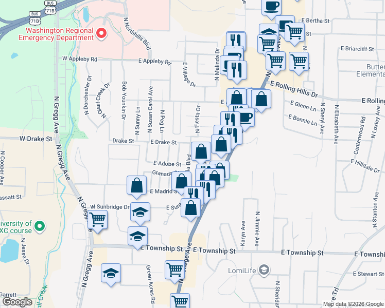 map of restaurants, bars, coffee shops, grocery stores, and more near 385 East Drake Street in Fayetteville