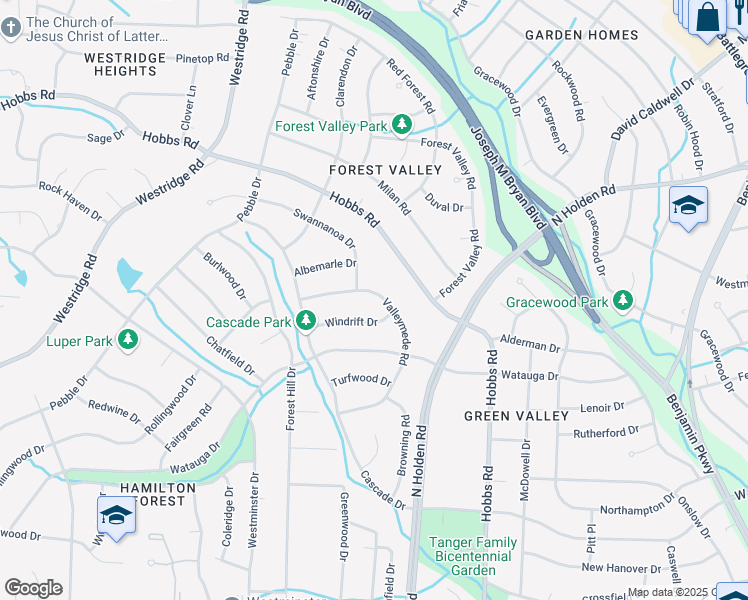 map of restaurants, bars, coffee shops, grocery stores, and more near 1505 Valleymede Road in Greensboro