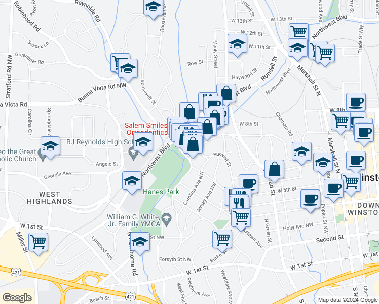 map of restaurants, bars, coffee shops, grocery stores, and more near 473 West End Boulevard in Winston-Salem