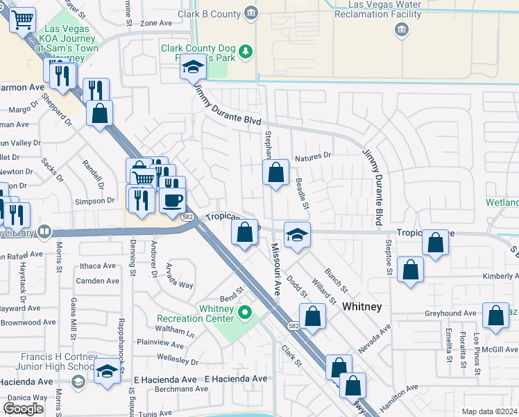 map of restaurants, bars, coffee shops, grocery stores, and more near 5710 East Tropicana Avenue in Las Vegas