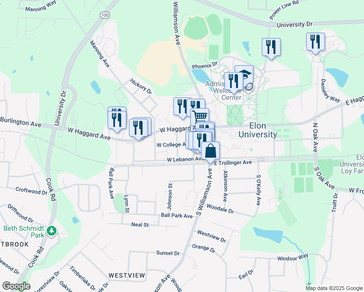 map of restaurants, bars, coffee shops, grocery stores, and more near 212 West College Avenue in Elon
