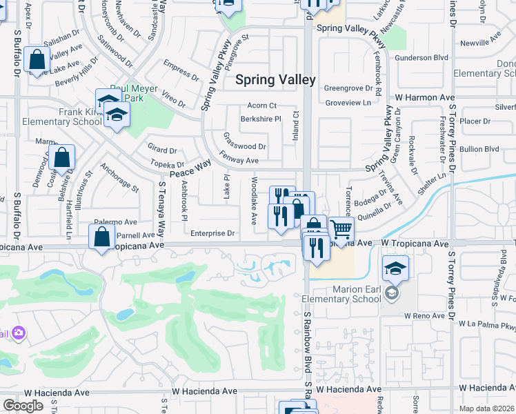 map of restaurants, bars, coffee shops, grocery stores, and more near 4777 Woodlake Avenue in Las Vegas