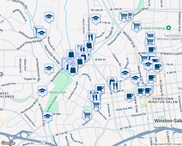map of restaurants, bars, coffee shops, grocery stores, and more near 705 Manly Street in Winston-Salem