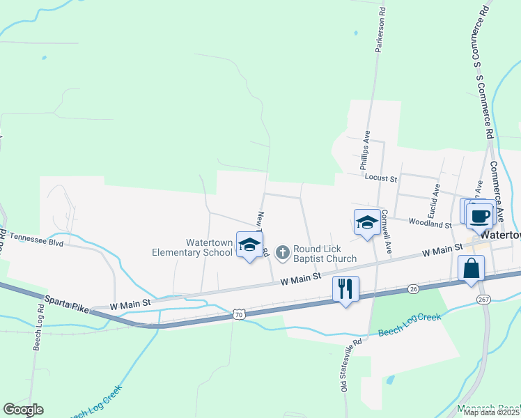 map of restaurants, bars, coffee shops, grocery stores, and more near 275 New Town Road in Watertown