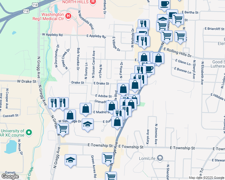 map of restaurants, bars, coffee shops, grocery stores, and more near 2768 North Barcelona Avenue in Fayetteville