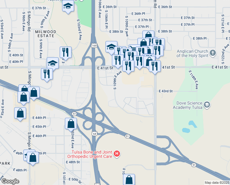 map of restaurants, bars, coffee shops, grocery stores, and more near 4203 South 109th East Avenue in Tulsa