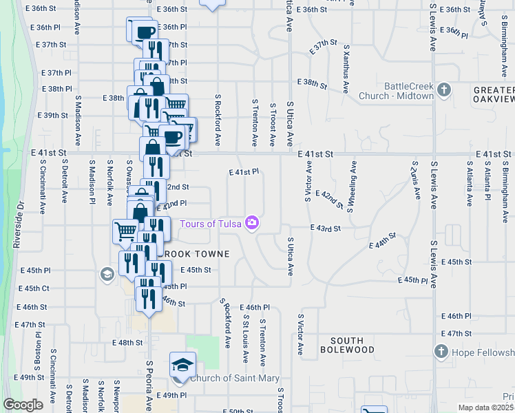 map of restaurants, bars, coffee shops, grocery stores, and more near 4163 South Trenton Avenue in Tulsa