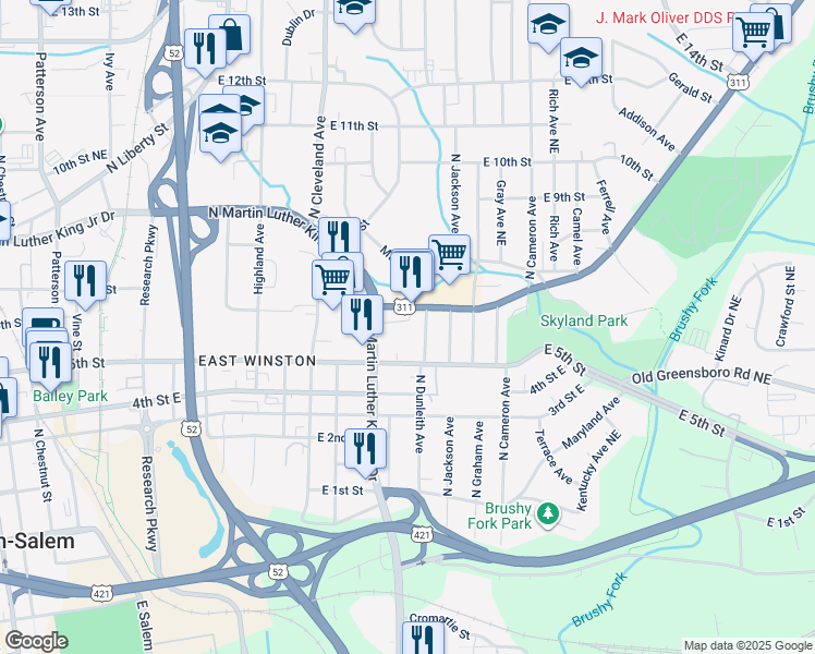 map of restaurants, bars, coffee shops, grocery stores, and more near 1456 New Walkertown Road in Winston-Salem