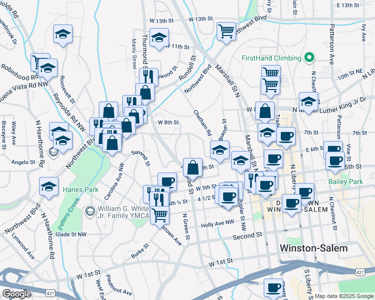 map of restaurants, bars, coffee shops, grocery stores, and more near 660 North Spring Street in Winston-Salem