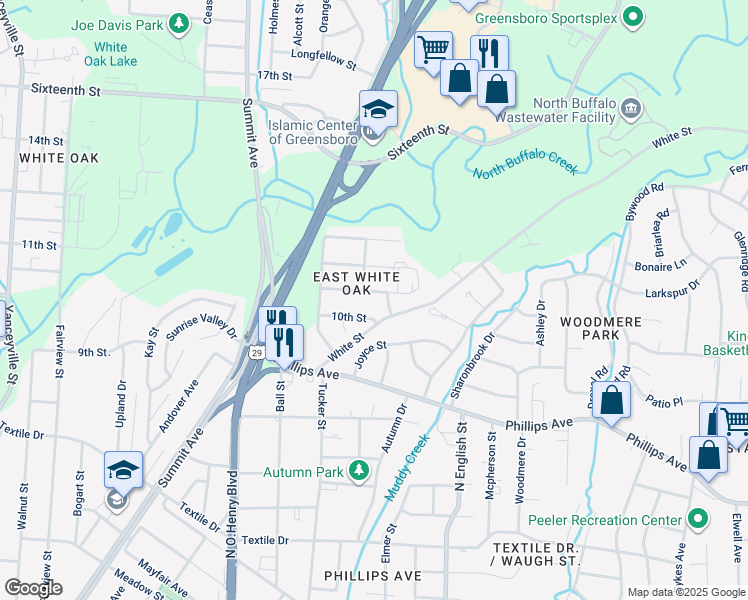 map of restaurants, bars, coffee shops, grocery stores, and more near 1804 Water Street in Greensboro