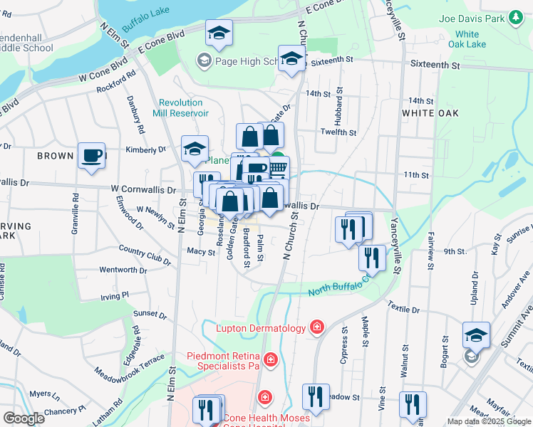 map of restaurants, bars, coffee shops, grocery stores, and more near 500 East Cornwallis Drive in Greensboro